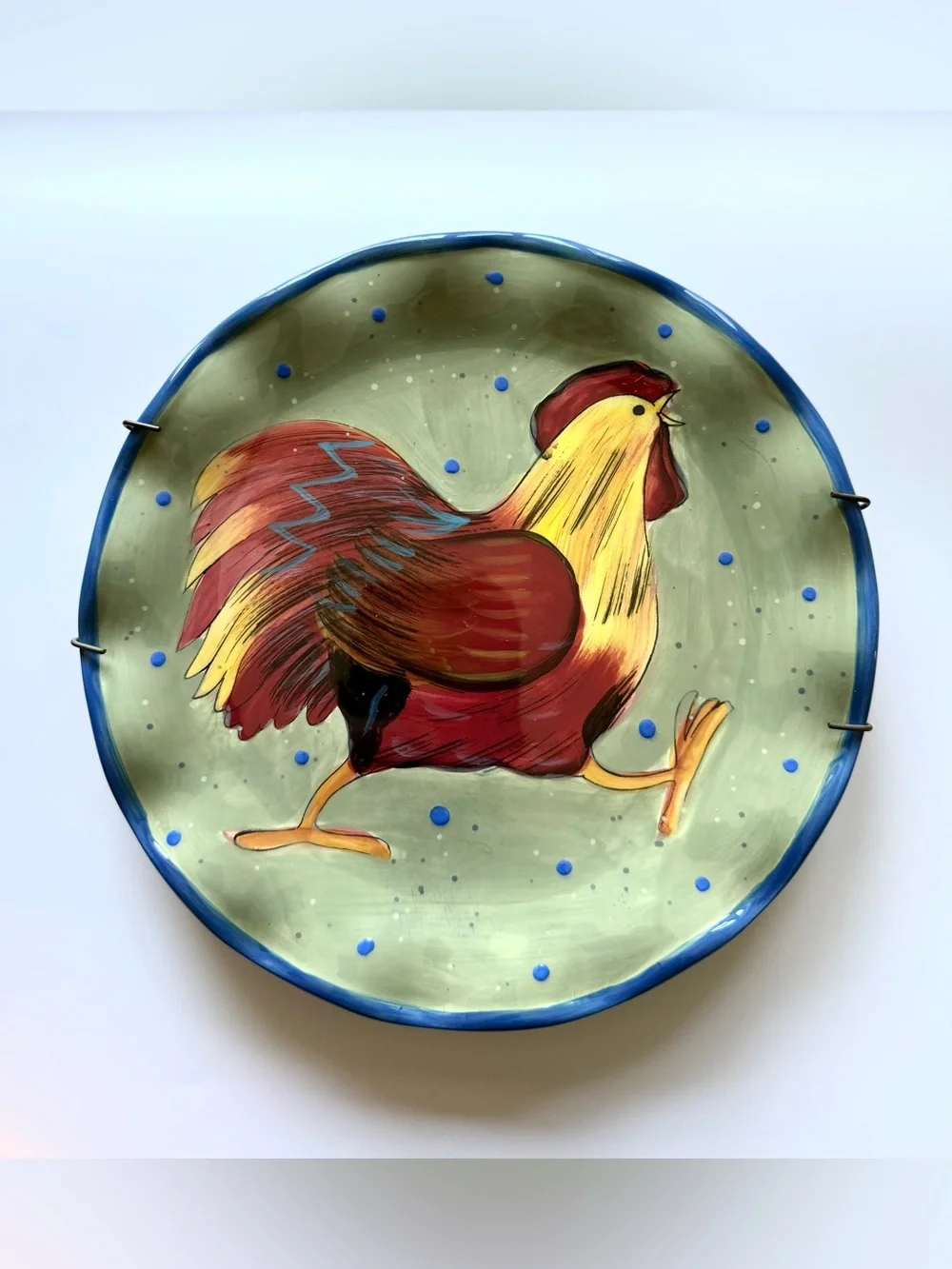 Fun and Festive Rooster Decorative Plate - Blue Rim